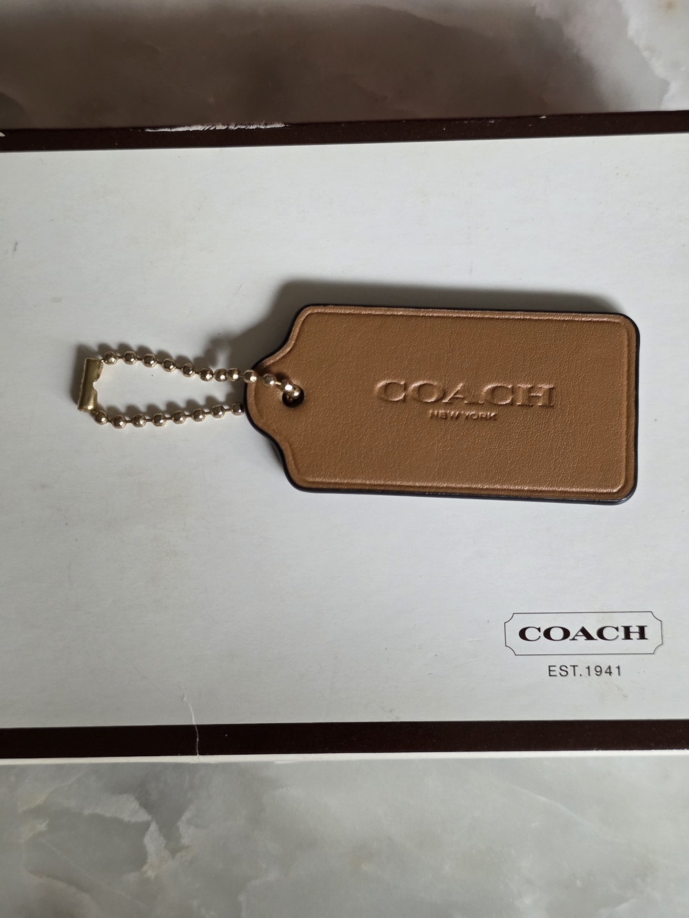 Coach Large Tan Leather Hangtag with Gold Ball Chain